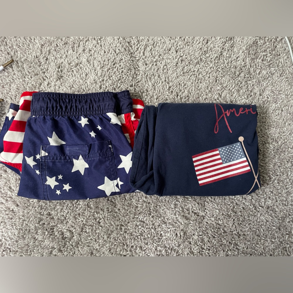 July 4th Boys size 8 husky American flag swimsuit and tshirt